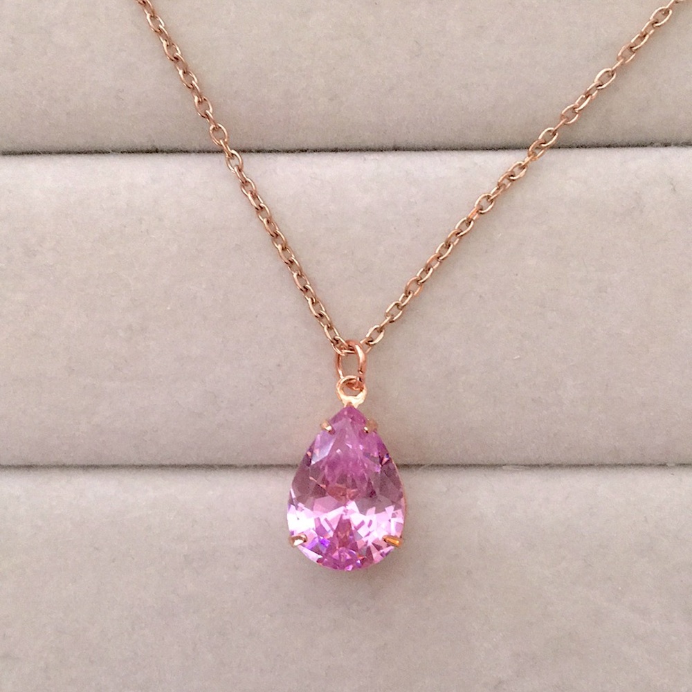 Rose Pink + Rose Gold Cubic Zirconia Pear Crystal Drop Pendant Necklace